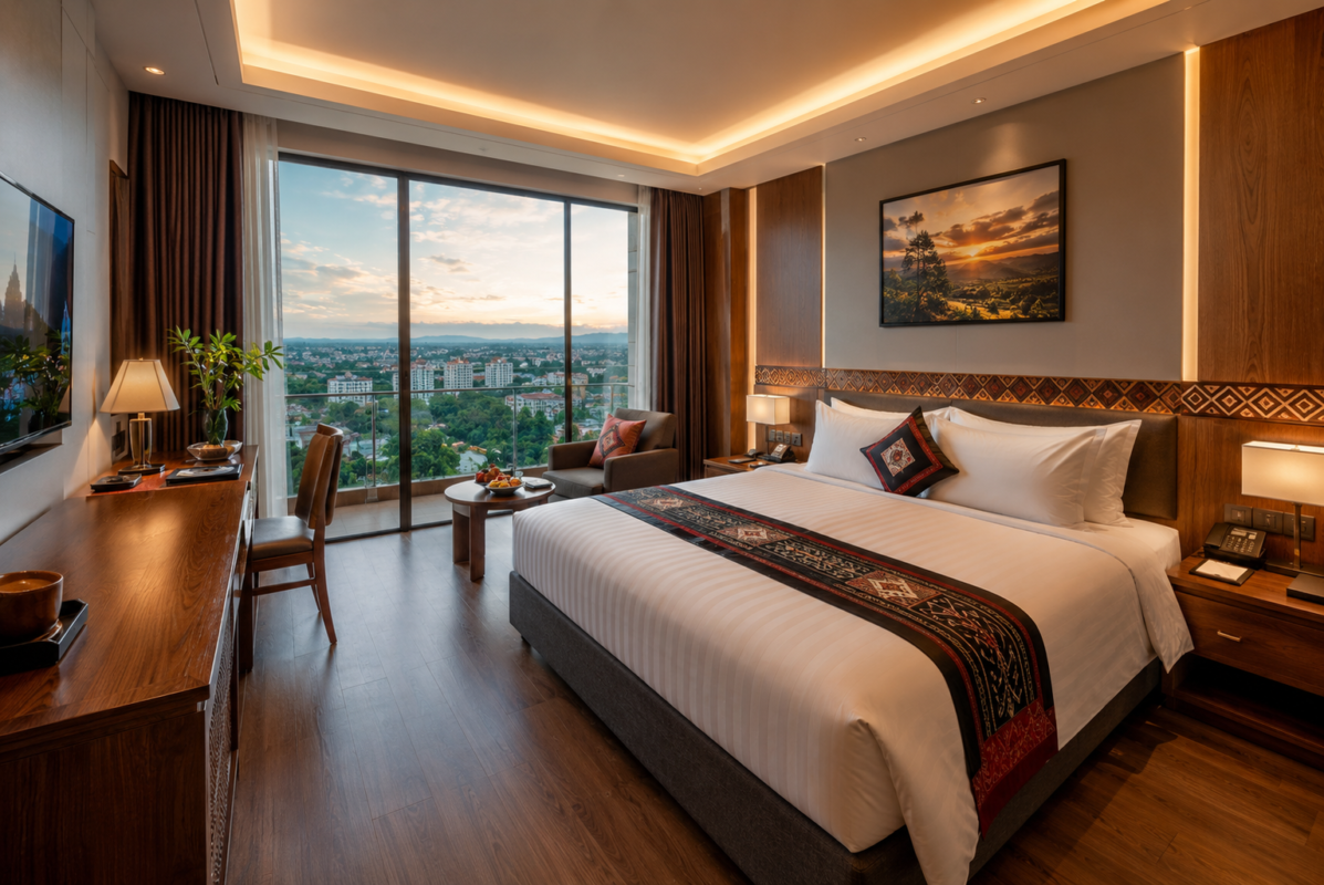Phòng ngủ hạng sang tại khách sạn 4 sao Buôn Ma Thuột view thành phố